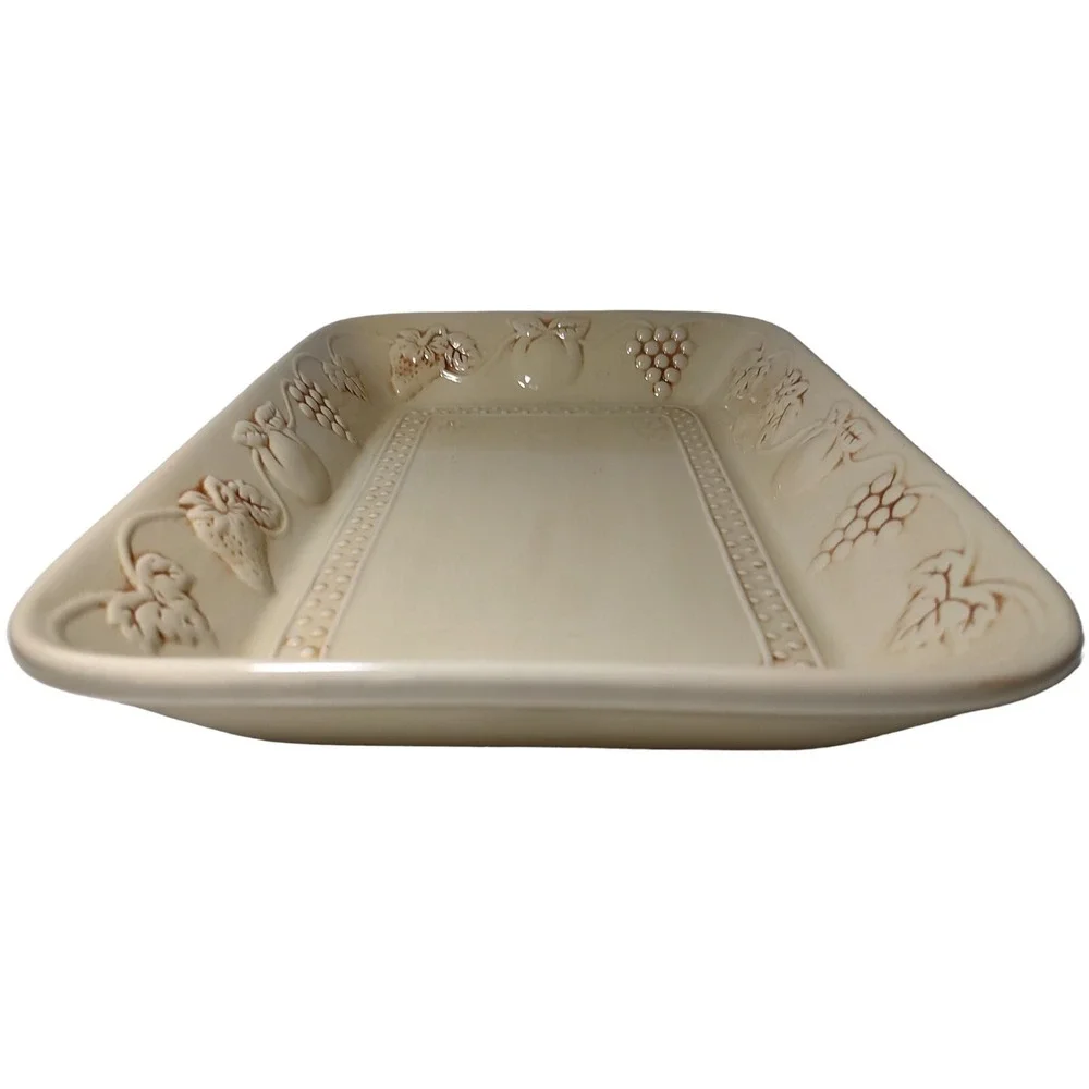 Vintage Platter Ceramic Embossed Grapes Leaves Strawberries 13 x 9 in Beige Fall